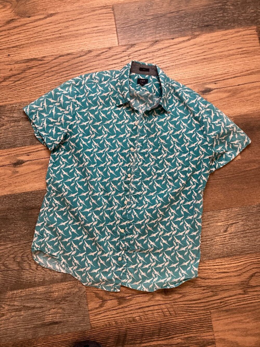 J. Crew White Bird On Dark Teal Slim Men Short Sleeve Shirt Size L